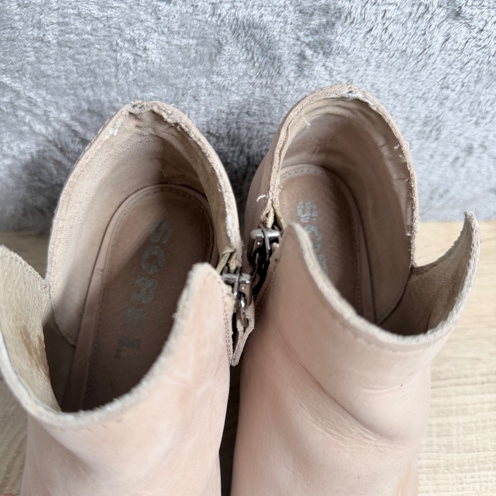 Sorel Lolla Peep Toe Bootie Womens 7 Beige Leather Stacked Heel Side Zip Shoes - Picture 8 of 12